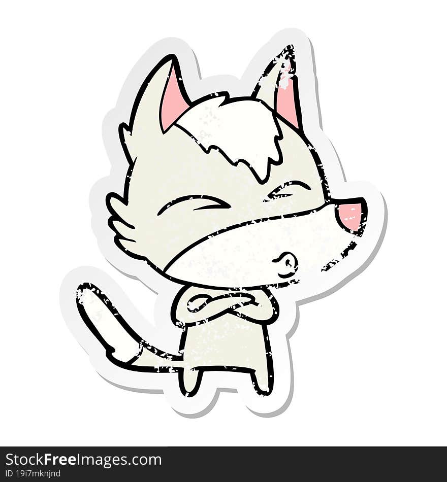 distressed sticker of a cartoon wolf whistling