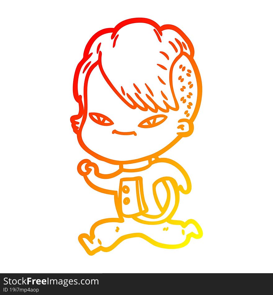 Warm Gradient Line Drawing Cute Cartoon Girl With Hipster Haircut