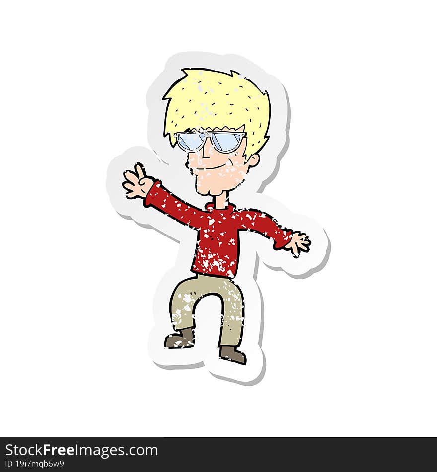 Retro Distressed Sticker Of A Cartoon Waving Cool Guy