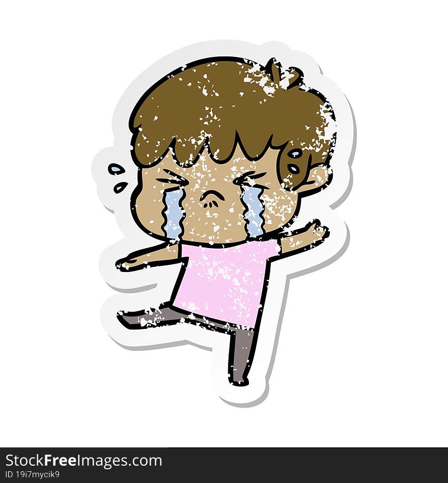 distressed sticker of a cartoon boy crying