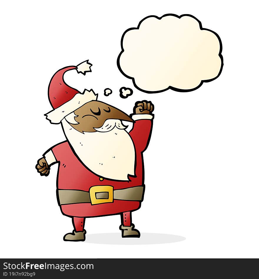 cartoon santa claus punching air with thought bubble