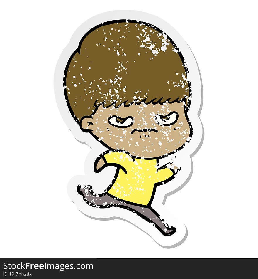 distressed sticker of a cartoon angry boy