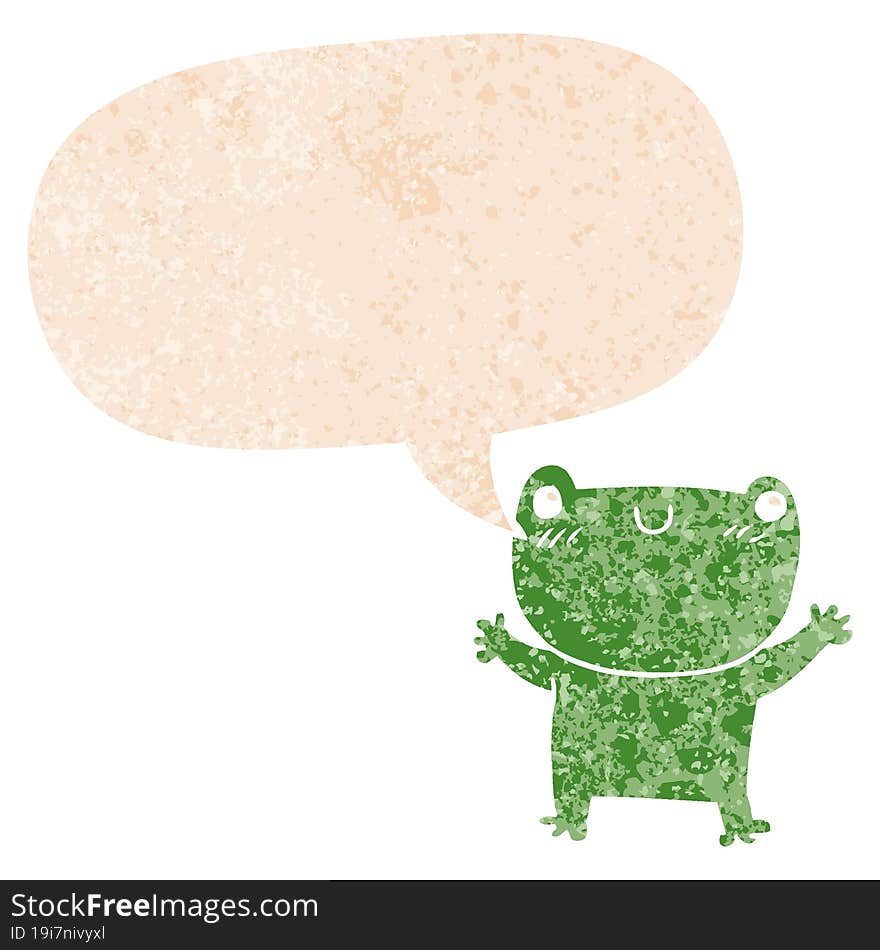 cartoon frog and speech bubble in retro textured style