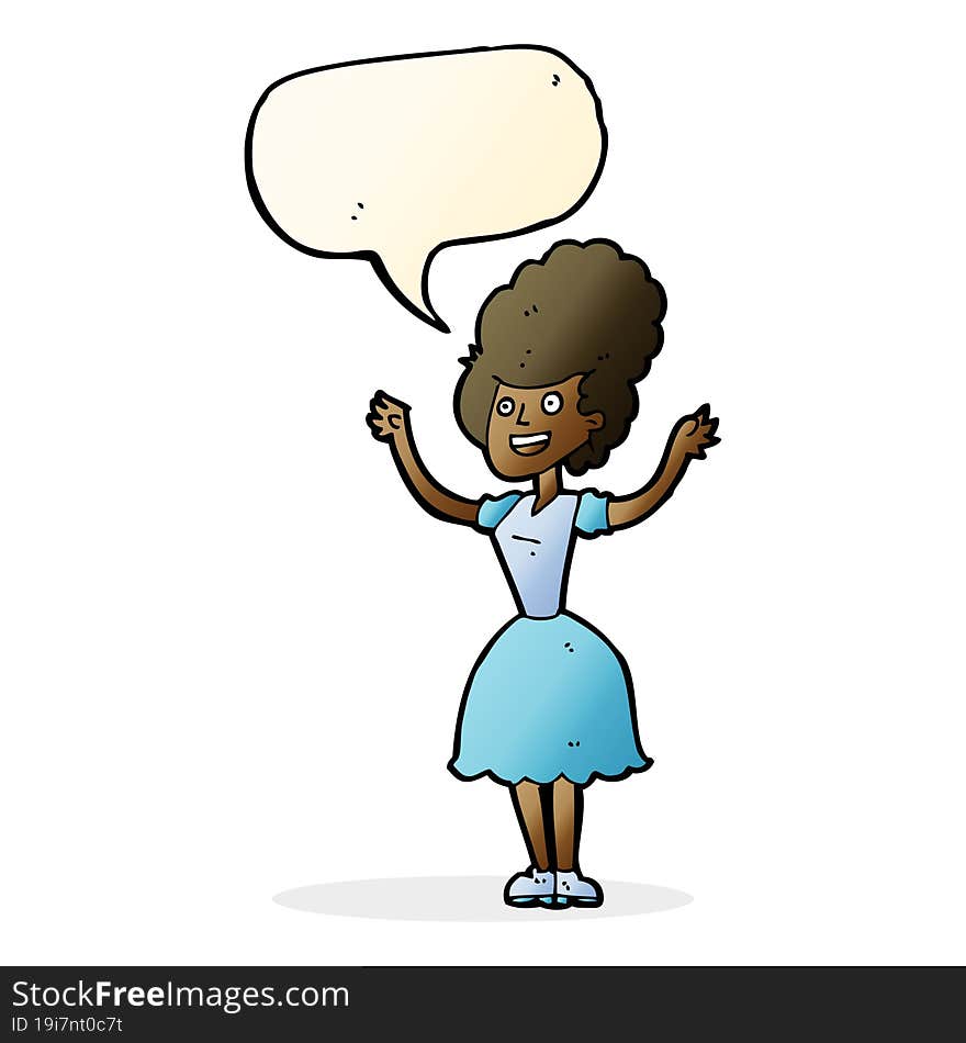 cartoon happy 1950\'s woman with speech bubble