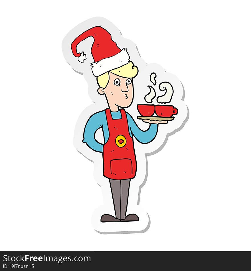 sticker of a cartoon barista serving coffee at christmas