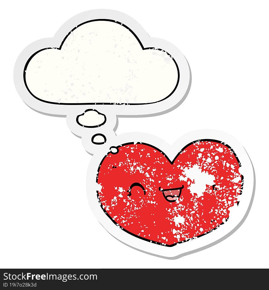 cartoon love heart and thought bubble as a distressed worn sticker