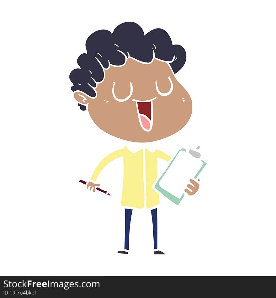 Laughing Flat Color Style Cartoon Man With Clipboard And Pen