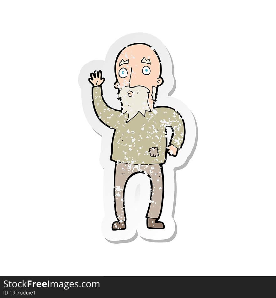 retro distressed sticker of a cartoon old man waving