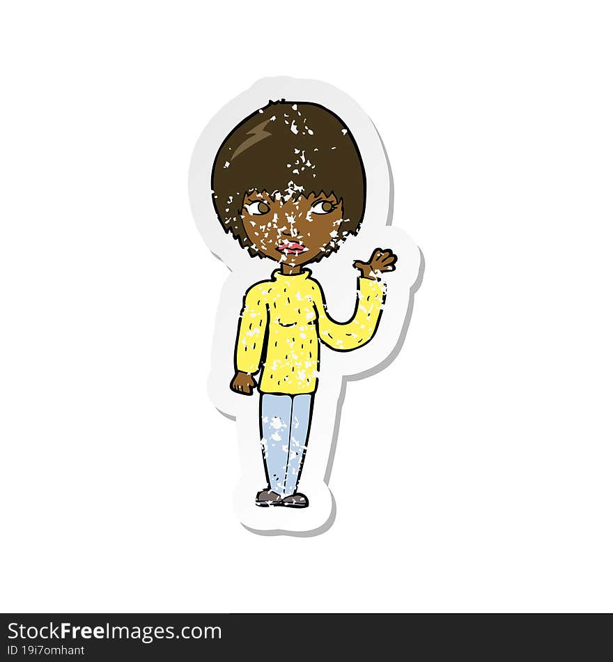 retro distressed sticker of a cartoon woman waving