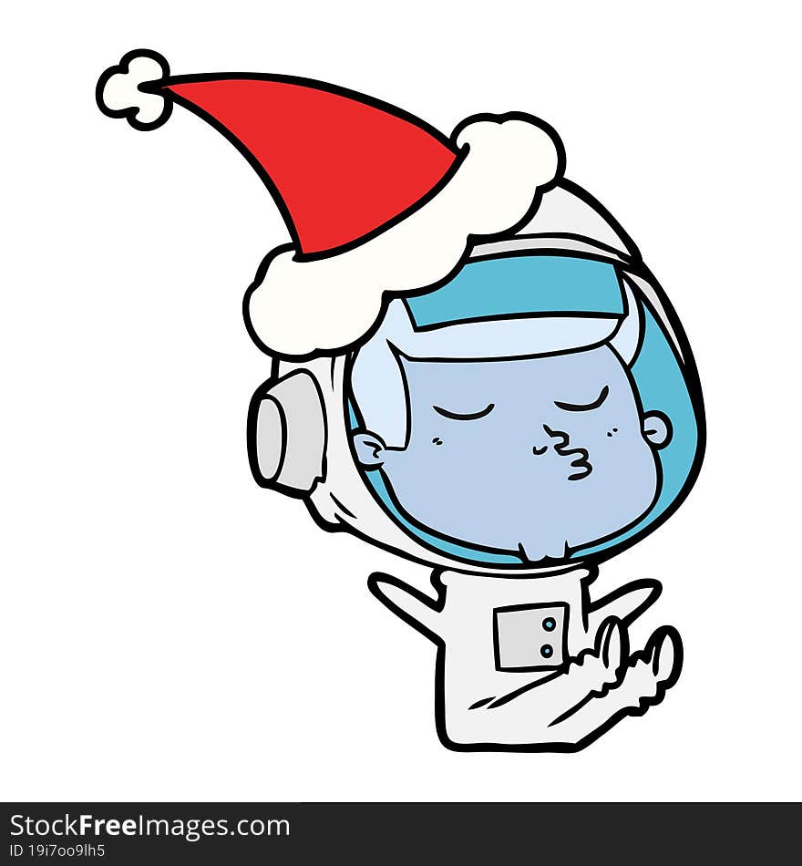 line drawing of a confident astronaut wearing santa hat