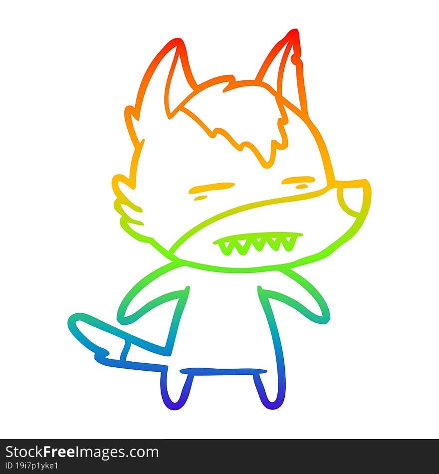 rainbow gradient line drawing of a cartoon wolf showing teeth