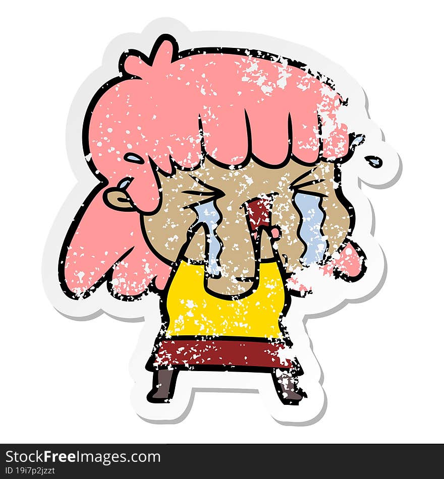 distressed sticker of a cartoon woman in tears