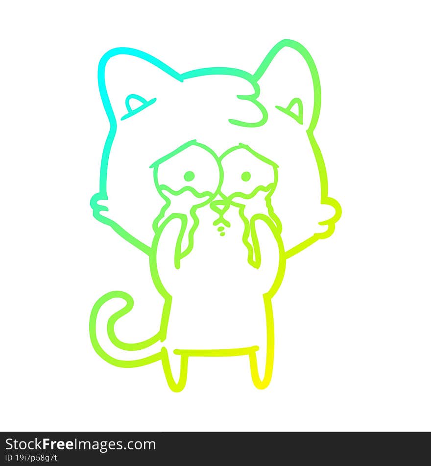 Cold Gradient Line Drawing Cartoon Crying Cat