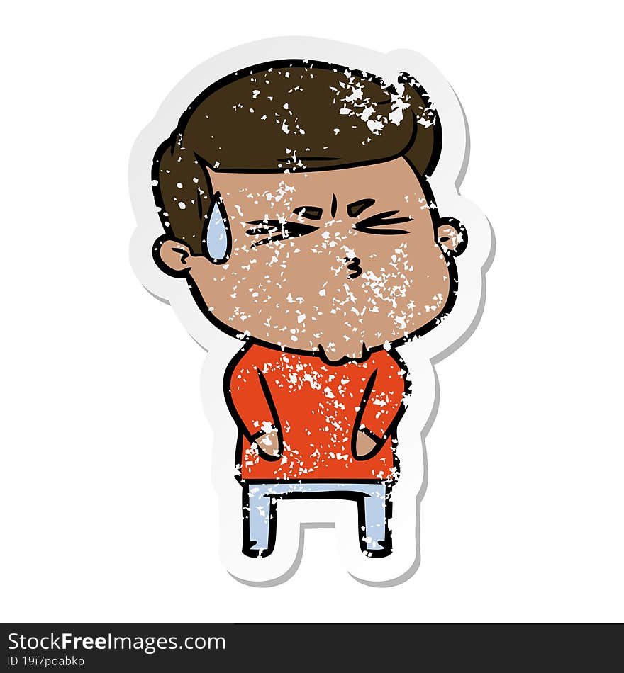 distressed sticker of a cartoon man sweating