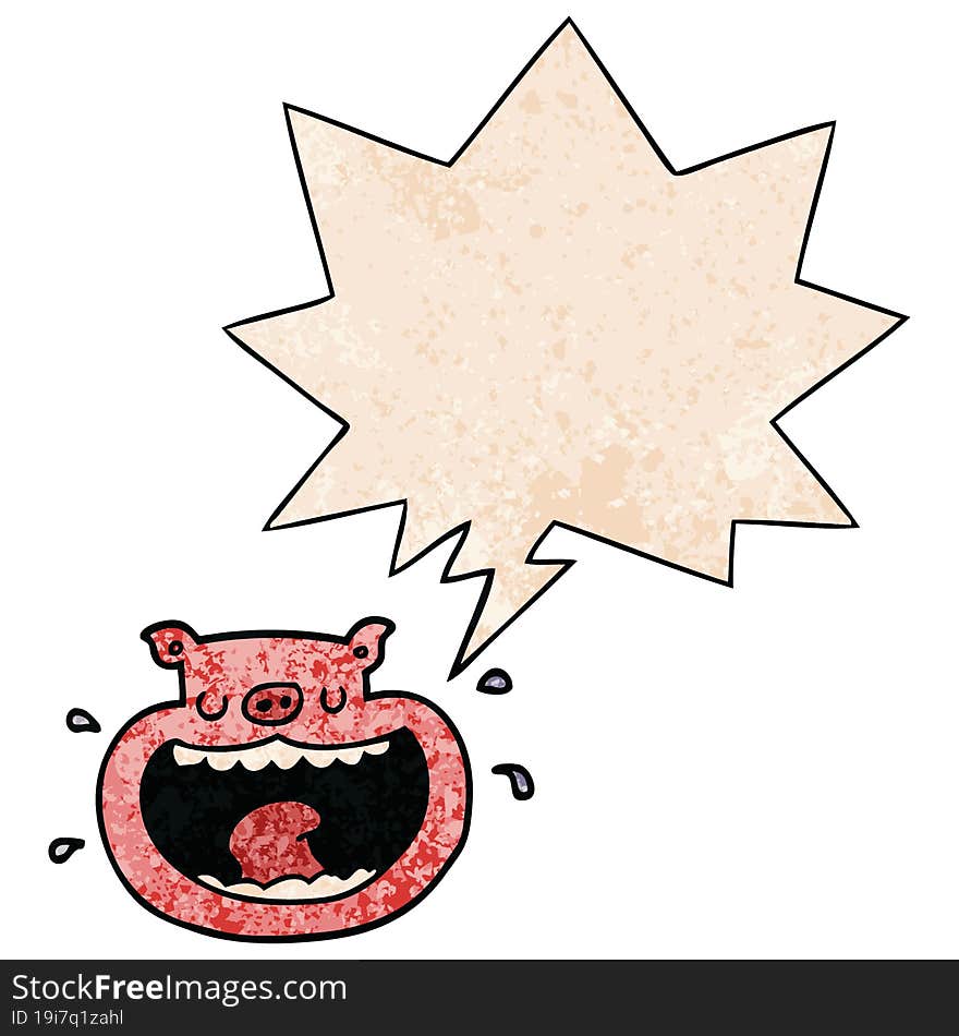 cartoon obnoxious pig and speech bubble in retro texture style