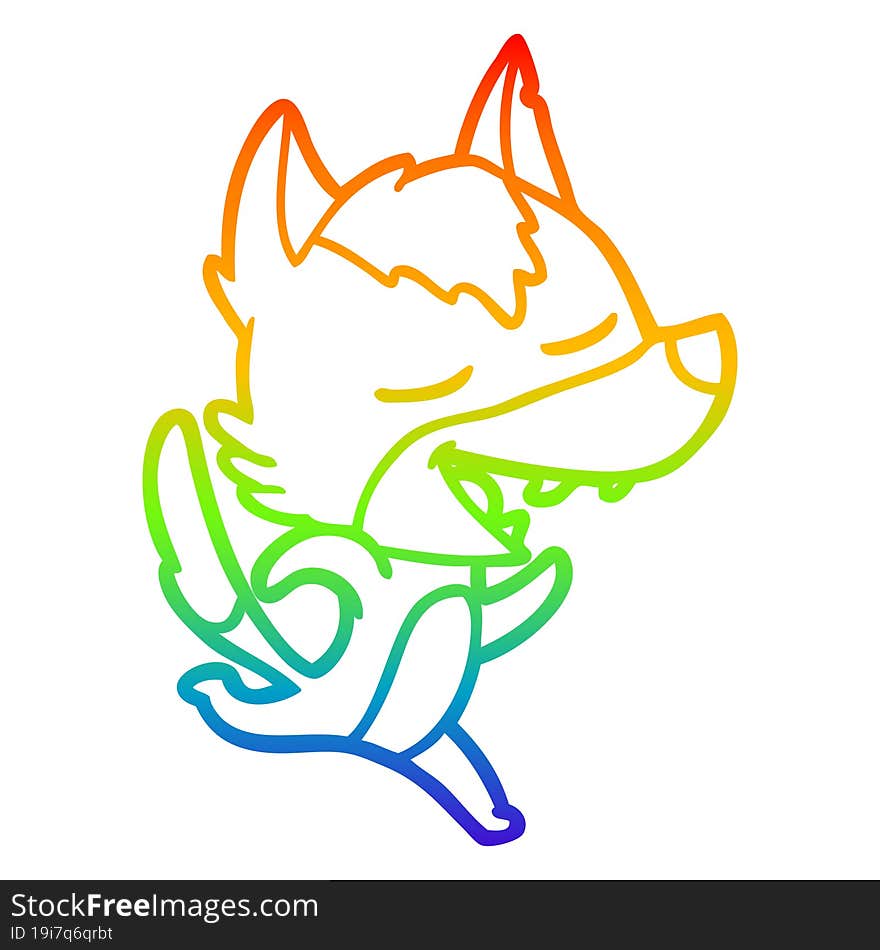 Rainbow Gradient Line Drawing Cartoon Running Wolf Laughing