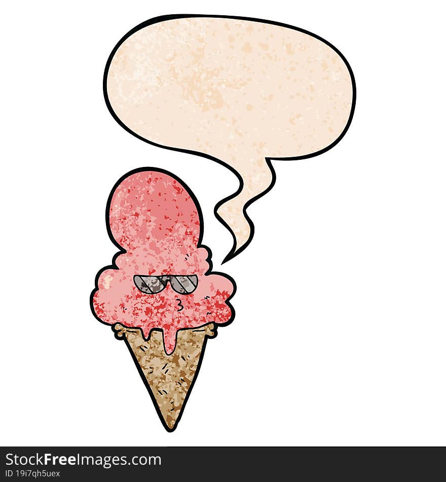 Cartoon Cool Ice Cream And Speech Bubble In Retro Texture Style