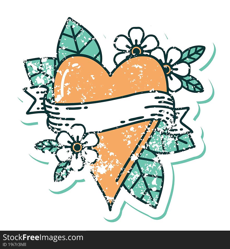 distressed sticker tattoo style icon of a heart and banner