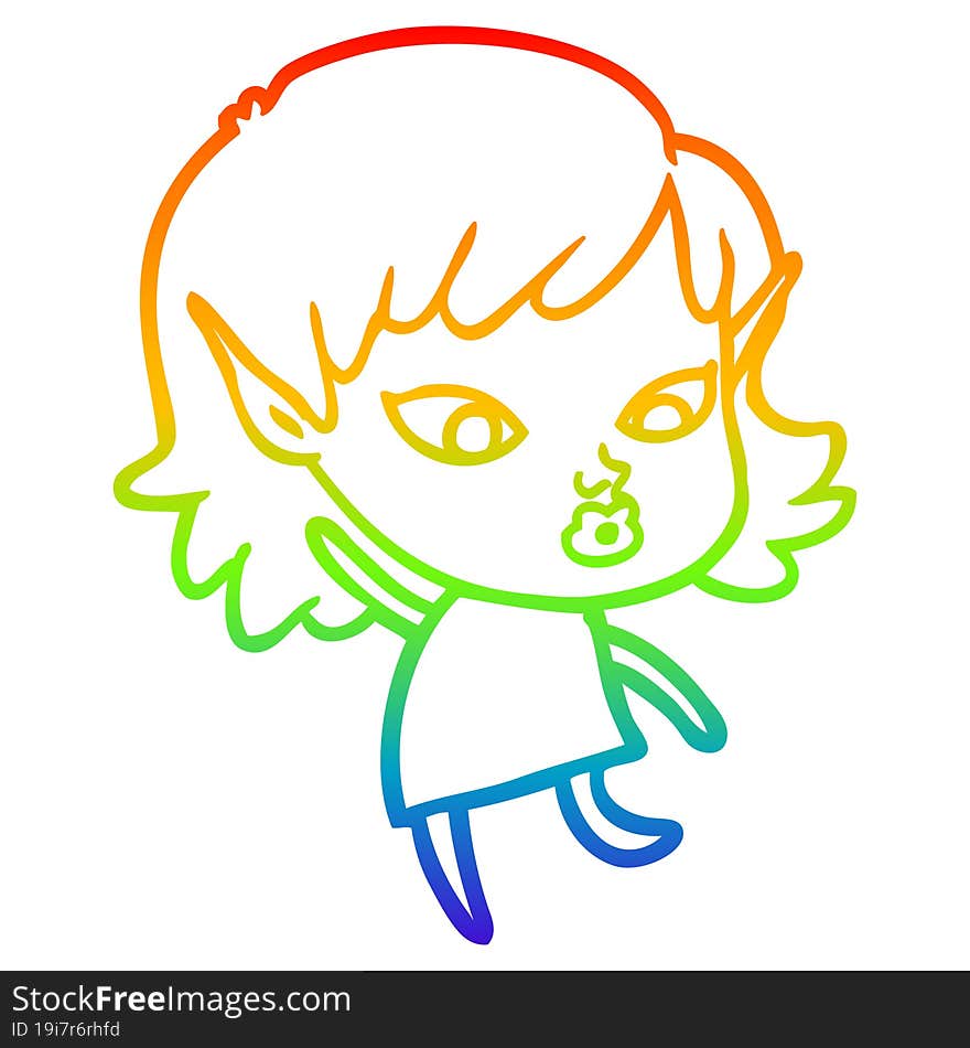 Rainbow Gradient Line Drawing Pretty Cartoon Elf Girl