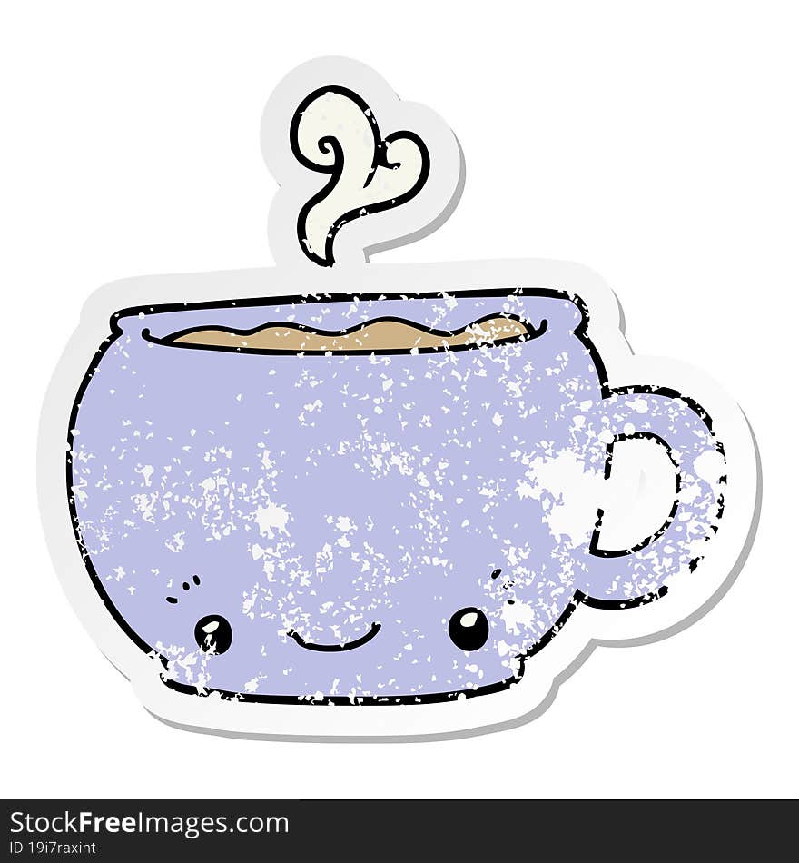 distressed sticker of a cartoon hot cup of coffee