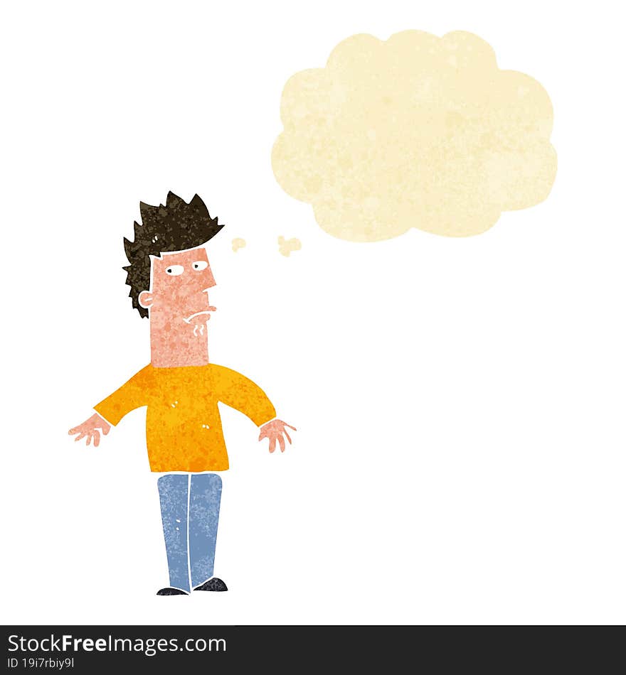 cartoon worried man with thought bubble