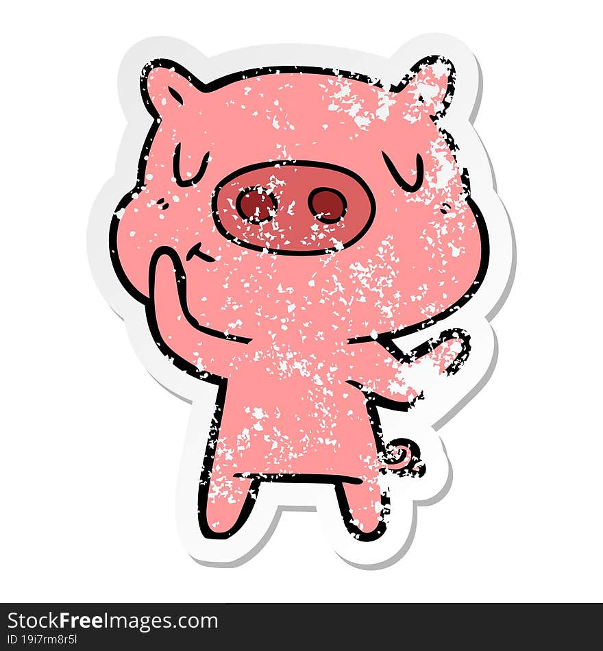 Distressed Sticker Of A Cartoon Content Pig