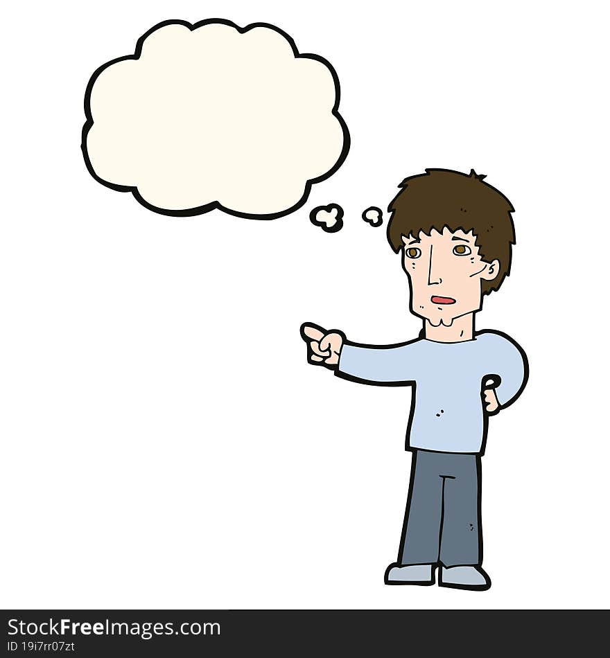 cartoon pointing man with thought bubble