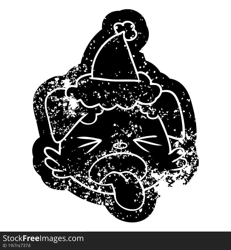 cartoon distressed icon of a dog face wearing santa hat