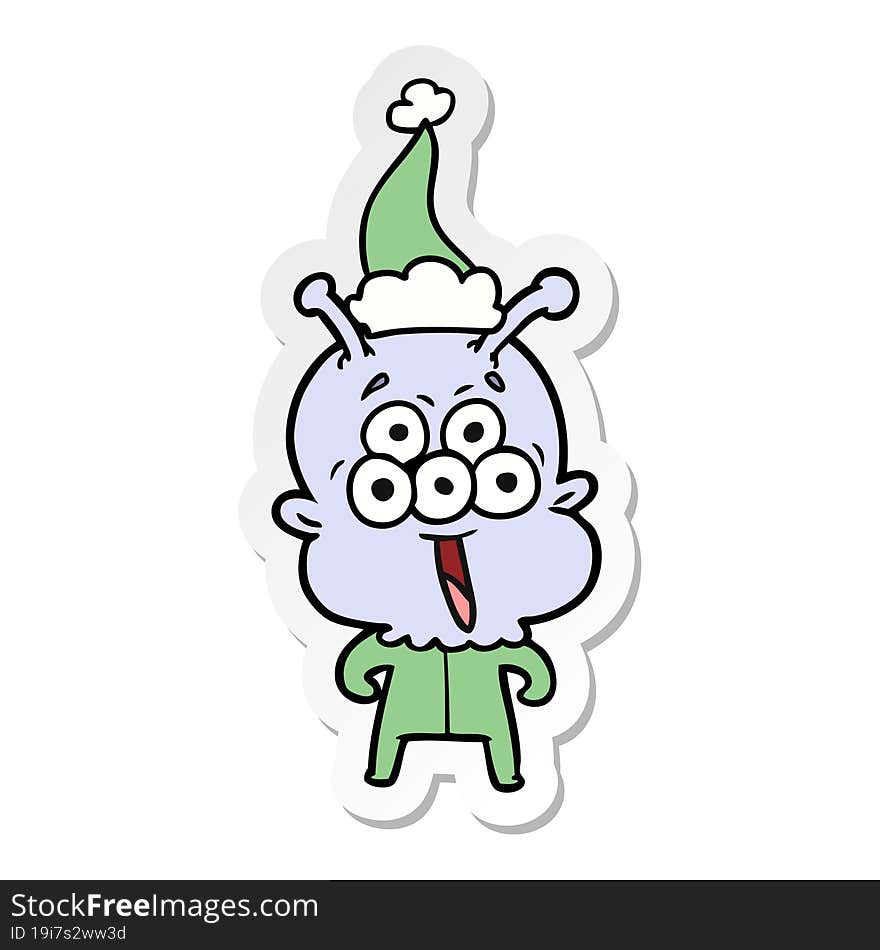 happy sticker cartoon of a alien wearing santa hat