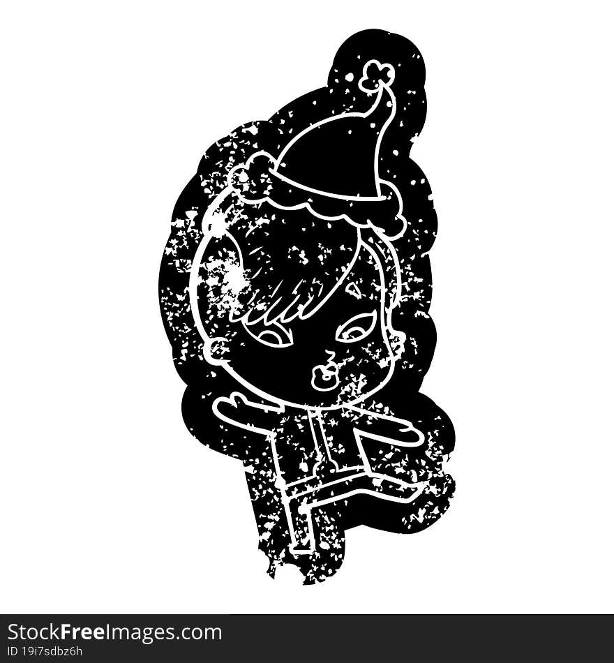 cartoon distressed icon of a surprised girl in science fiction clothes wearing santa hat