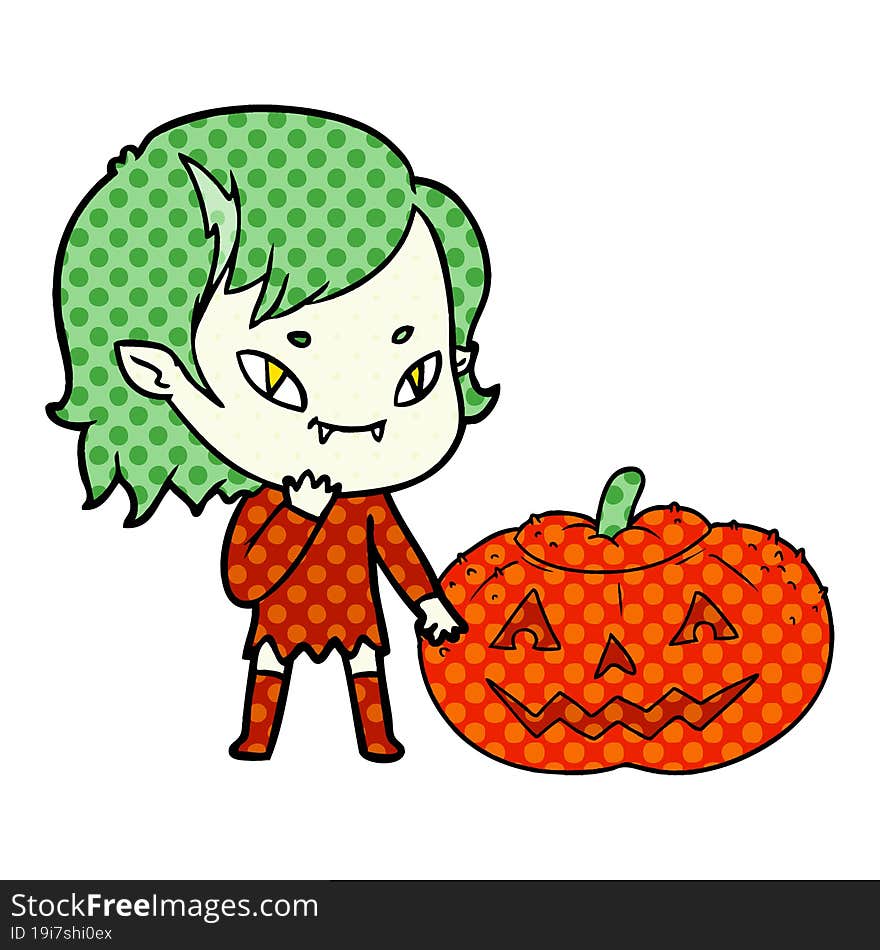 cartoon friendly vampire girl considering pumpkin. cartoon friendly vampire girl considering pumpkin