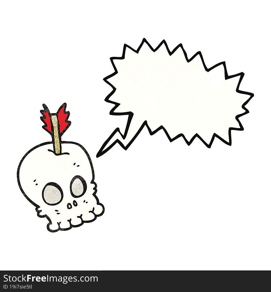 speech bubble textured cartoon skull with arrow