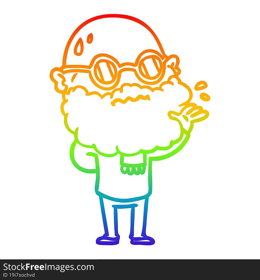 rainbow gradient line drawing of a cartoon worried man with beard and spectacles