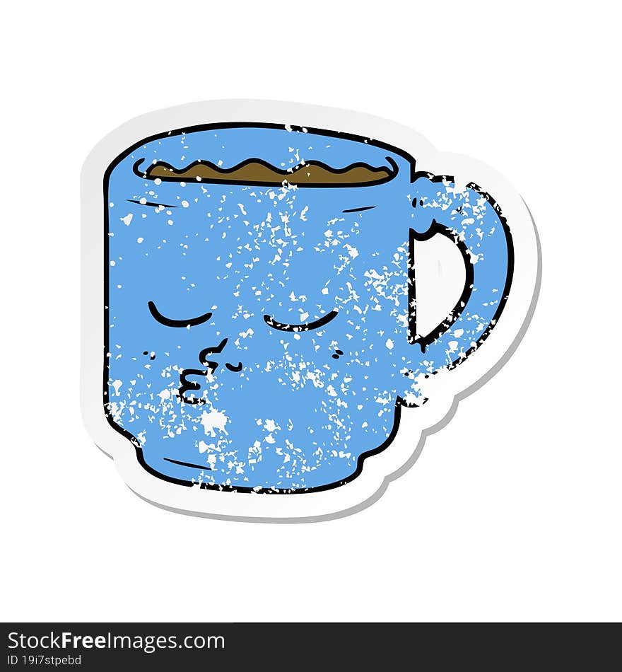 distressed sticker of a cartoon coffee mug