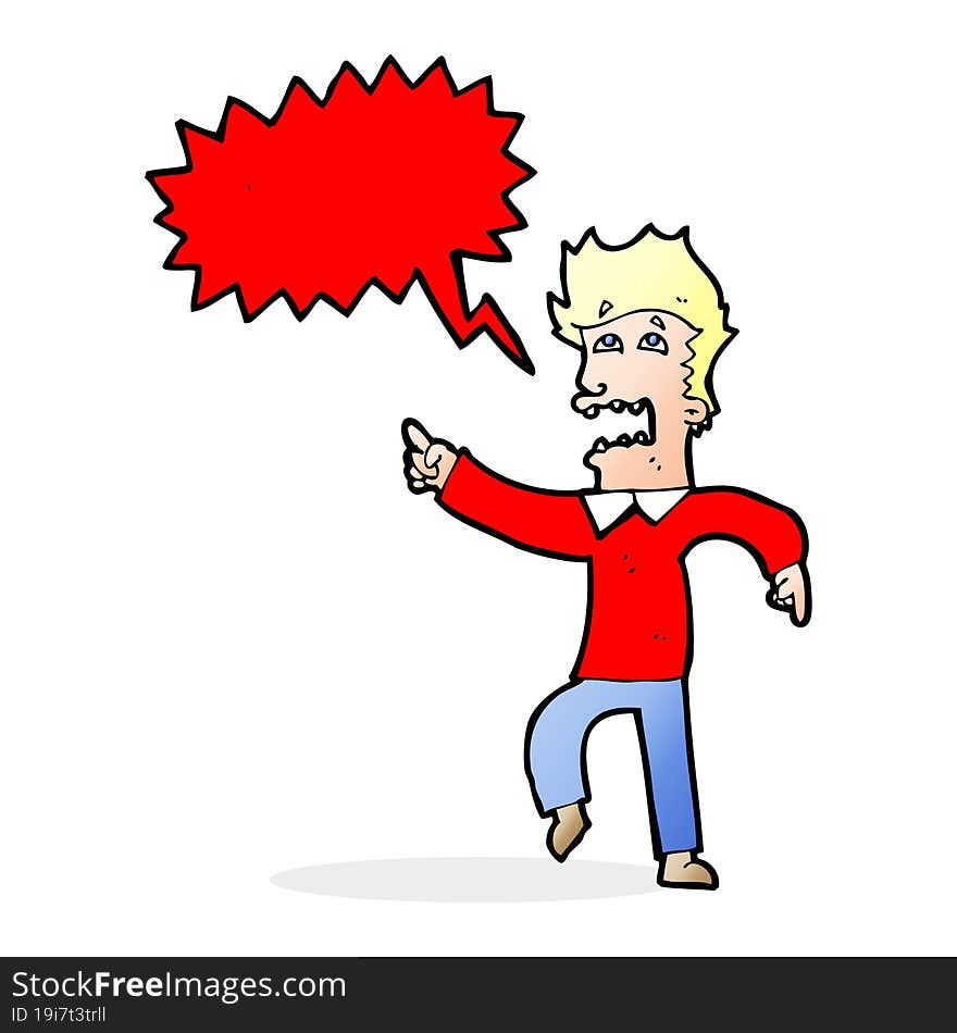 cartoon frightened man pointing with speech bubble