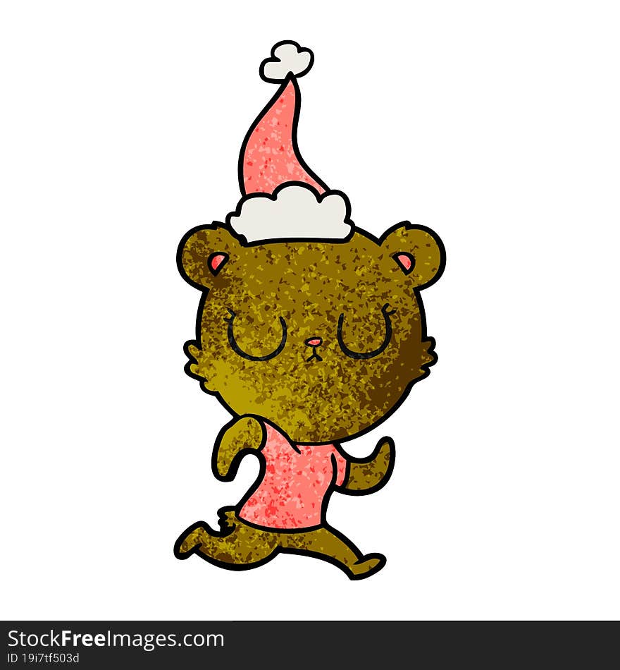 peaceful textured cartoon of a bear running wearing santa hat