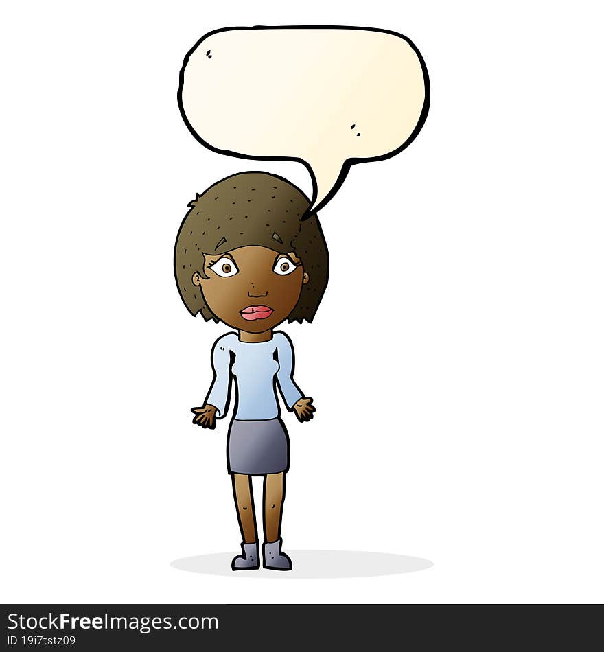 cartoon woman shrugging shoulders with speech bubble