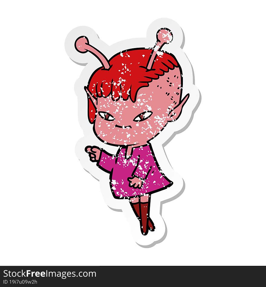 distressed sticker of a cute cartoon alien girl