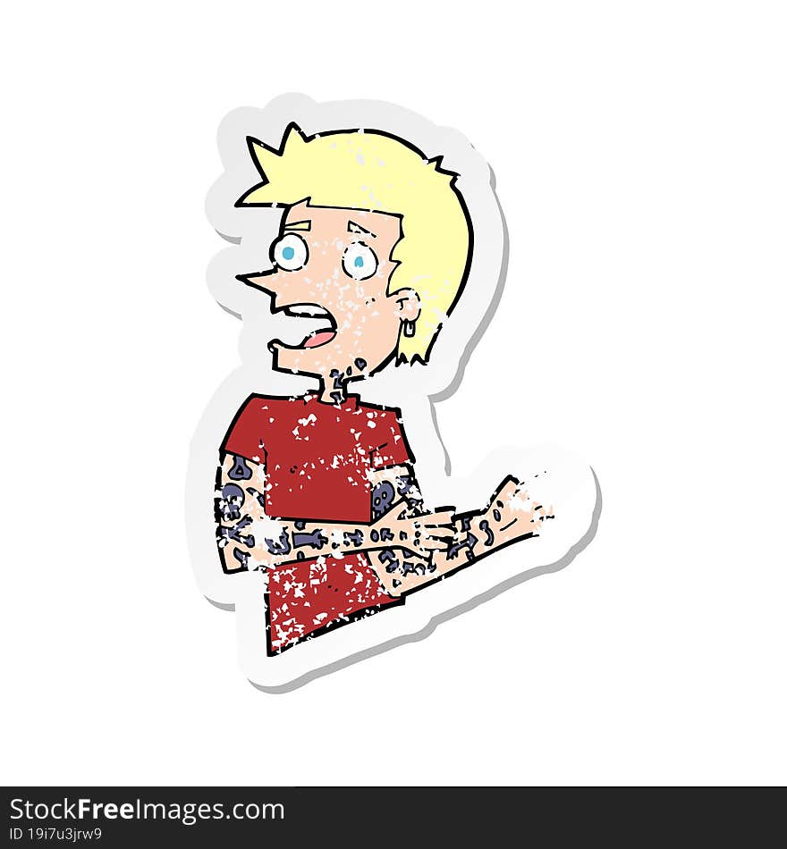 retro distressed sticker of a cartoon man with tattoos