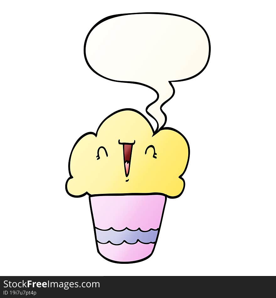 cartoon cupcake and face and speech bubble in smooth gradient style