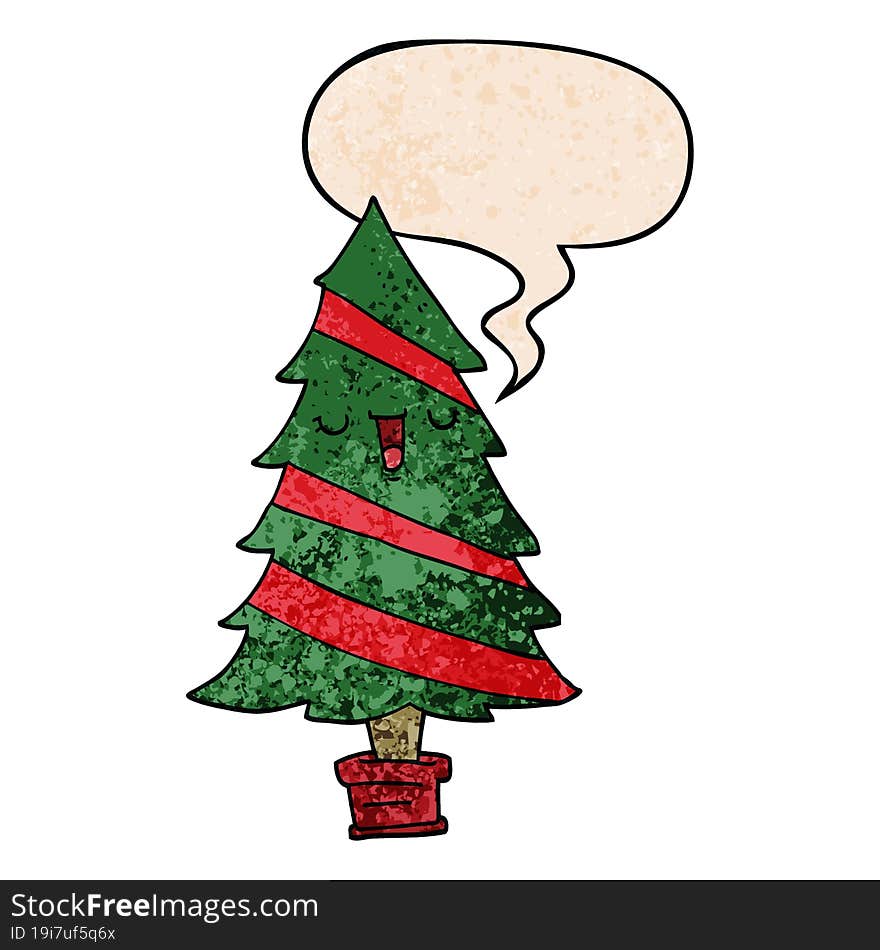 Cartoon Christmas Tree And Speech Bubble In Retro Texture Style