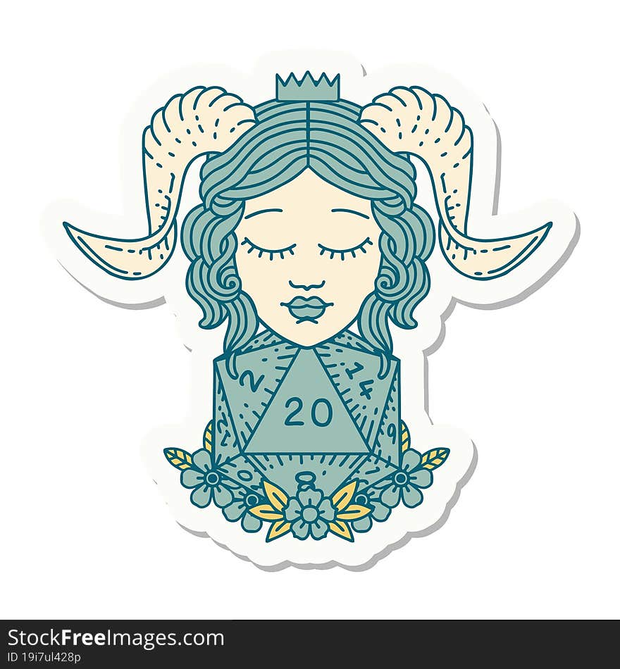 tiefling with natural twenty d20 dice roll sticker