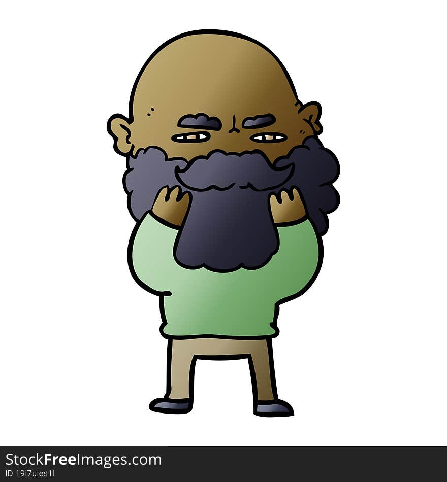 cartoon man with beard frowning checking his beard. cartoon man with beard frowning checking his beard