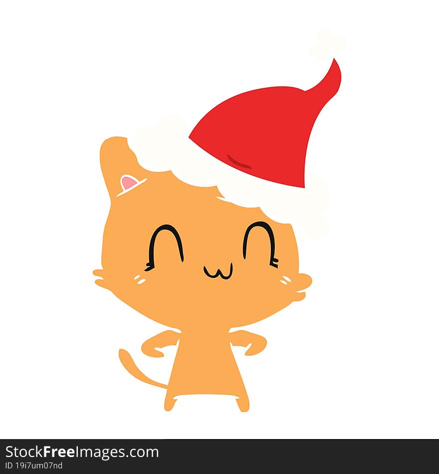 hand drawn flat color illustration of a happy cat wearing santa hat