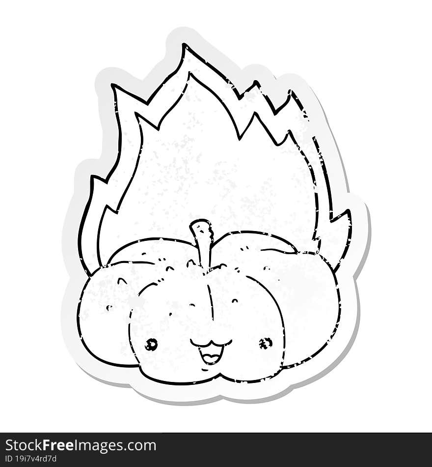 distressed sticker of a cartoon flaming pumpkin