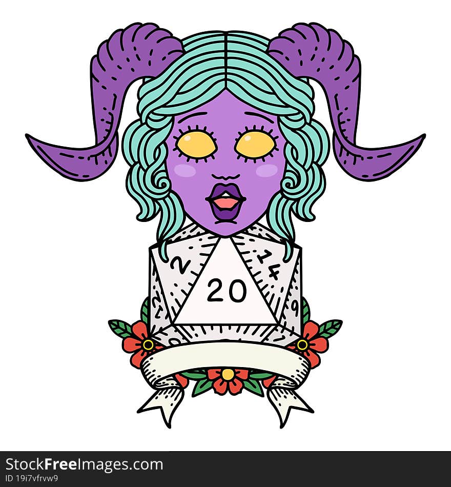 Retro Tattoo Style tiefling with natural 20 D20 roll. Retro Tattoo Style tiefling with natural 20 D20 roll