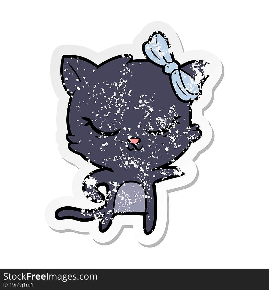 distressed sticker of a cute cartoon cat with bow