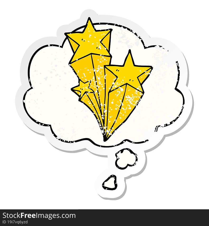 cartoon shooting stars and thought bubble as a distressed worn sticker