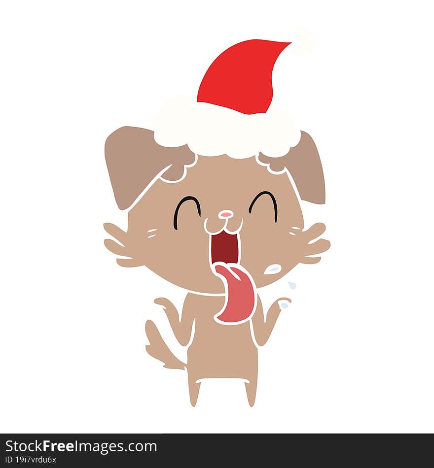 Flat Color Illustration Of A Panting Dog Shrugging Shoulders Wearing Santa Hat