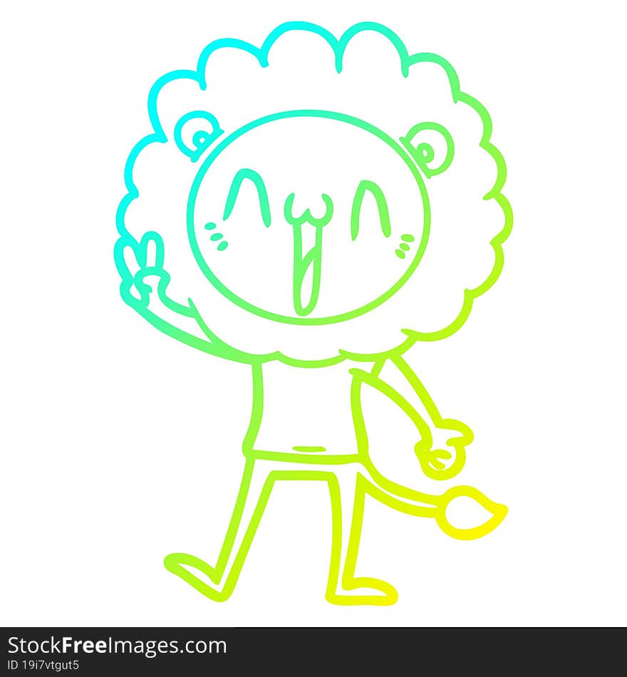 cold gradient line drawing of a happy cartoon lion